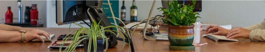 Panoramic photo of a desk at P3. 